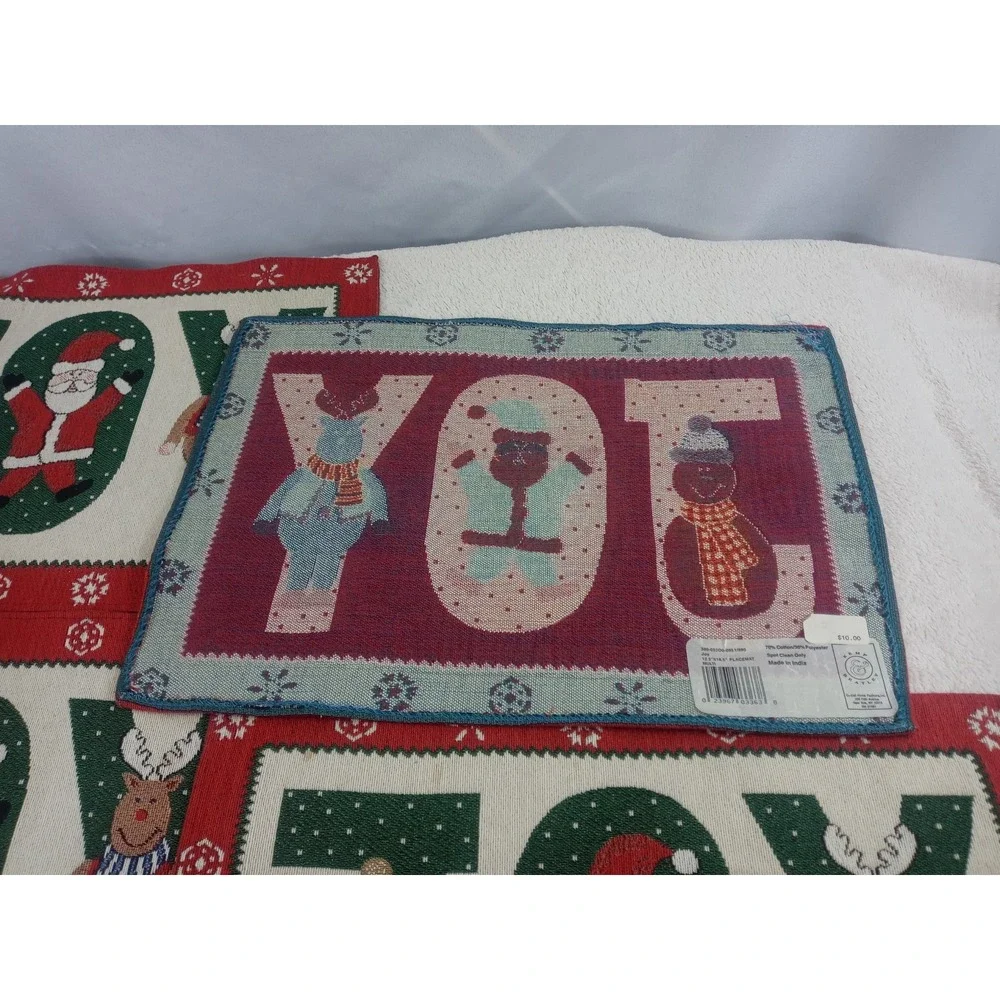 Holiday JOY Placemats Set of 4 Snowman‎ Santa Reindeer Christmas Decor
